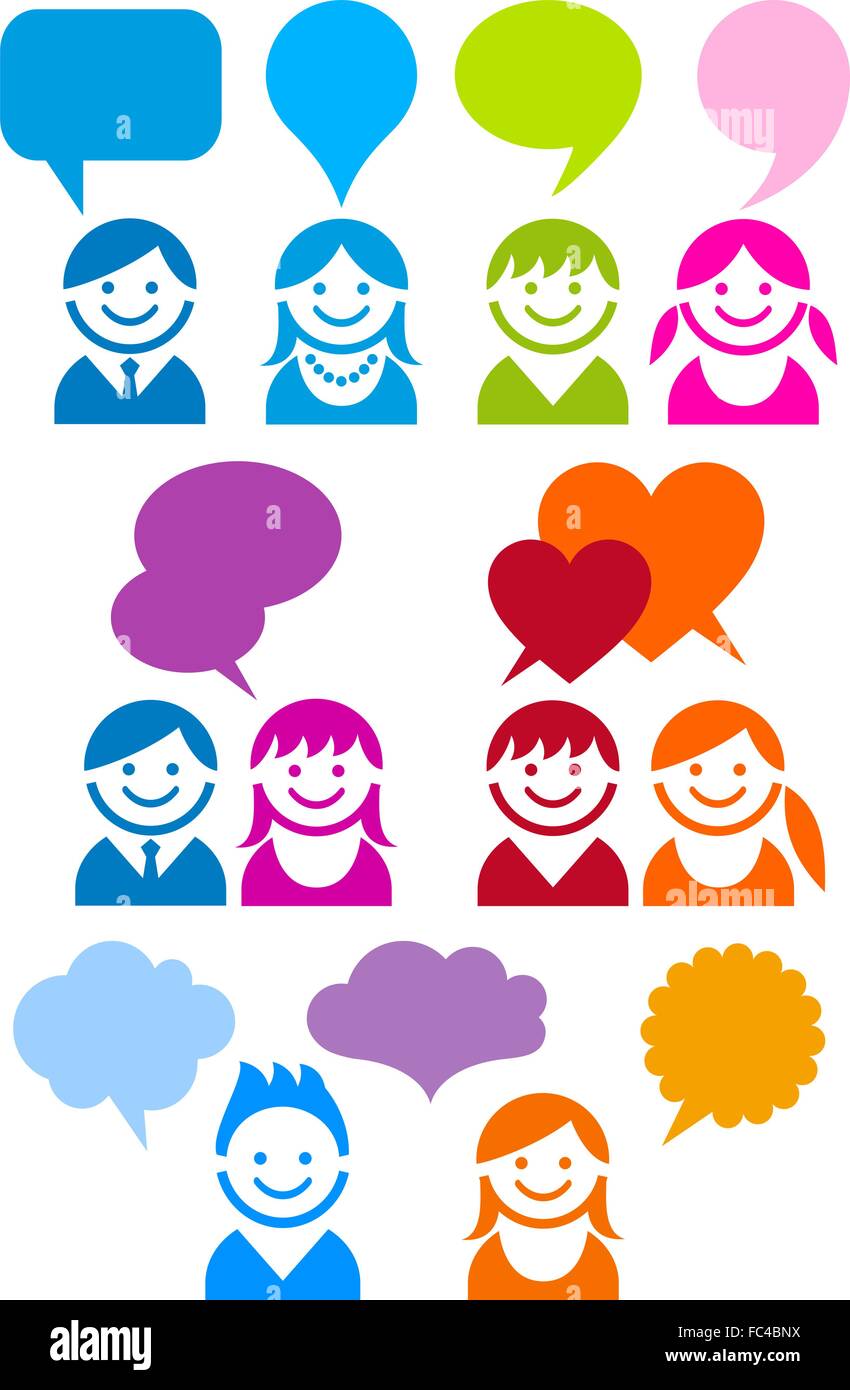 Persone icon set con fumetti, vettore di elementi di design, il concetto di comunicazione Illustrazione Vettoriale