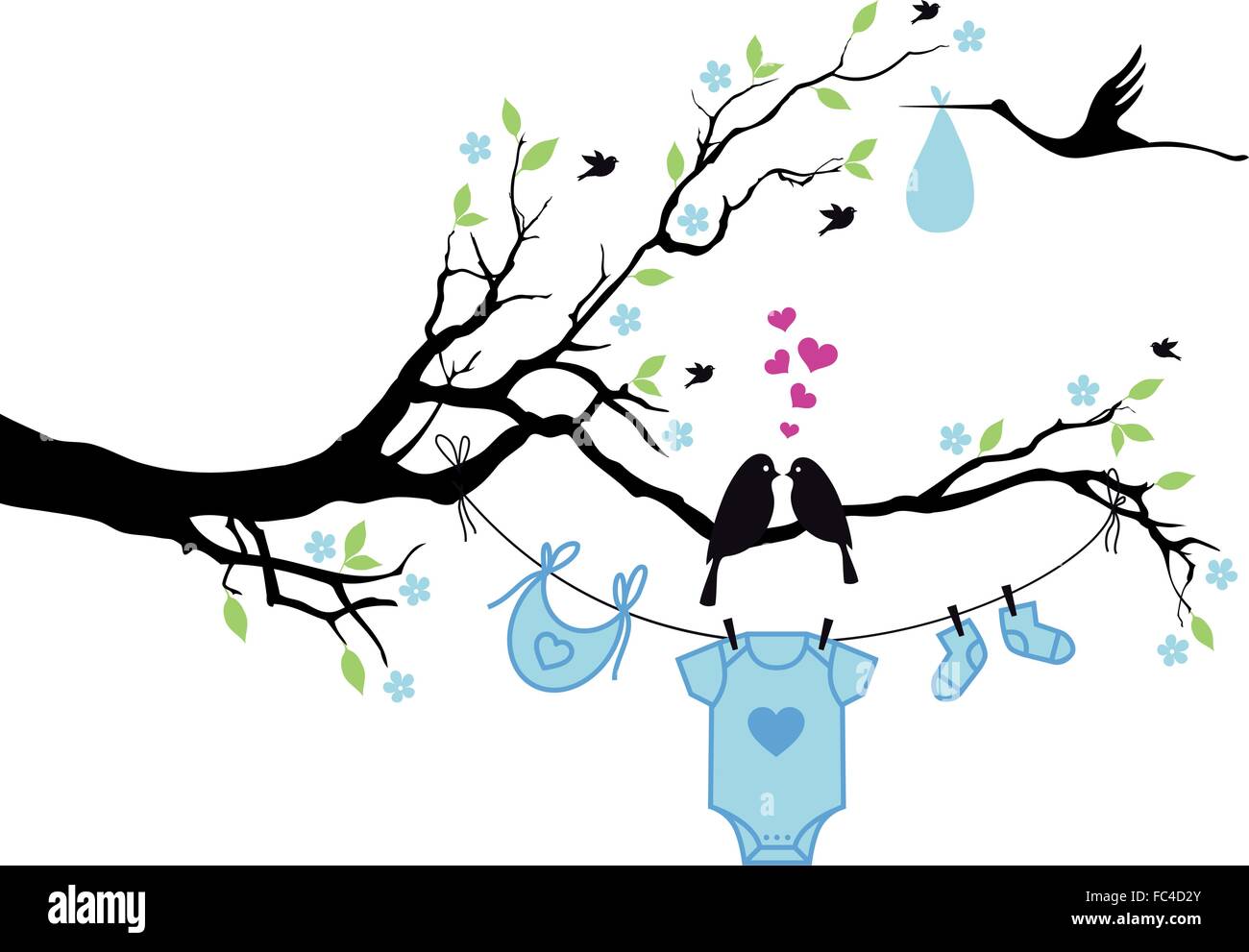 Nuovo baby boy, Stork con blue baby clothing, illustrazione vettoriale Illustrazione Vettoriale