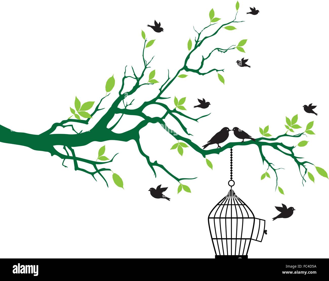 Gli uccelli sulla struttura ad albero con open birdcage Illustrazione Vettoriale