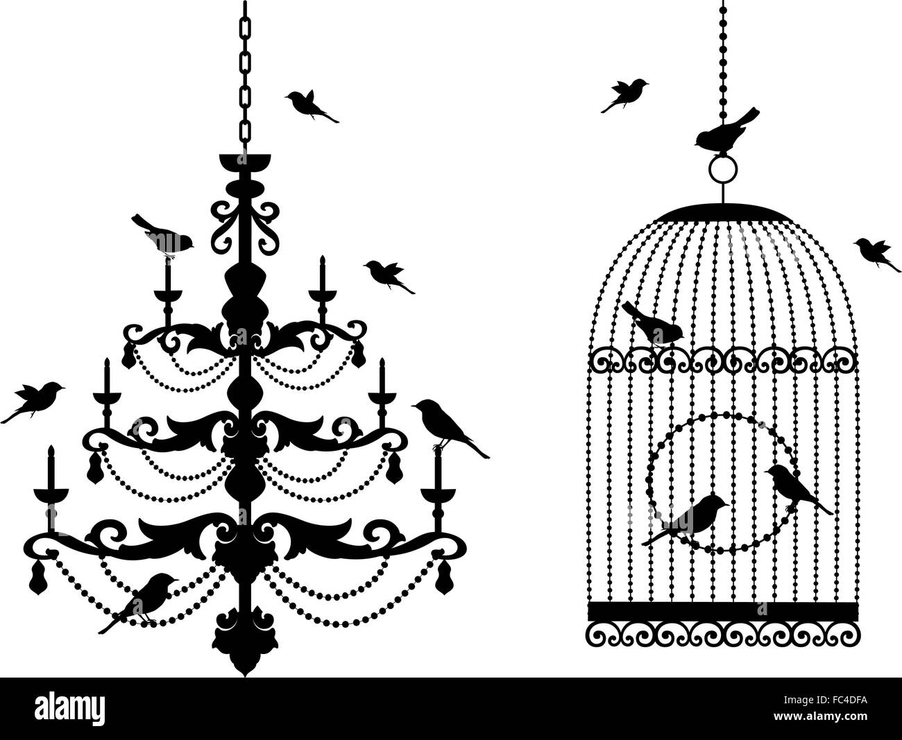 Vintage lampadario e birdcage con uccelli, illustrazione vettoriale Illustrazione Vettoriale