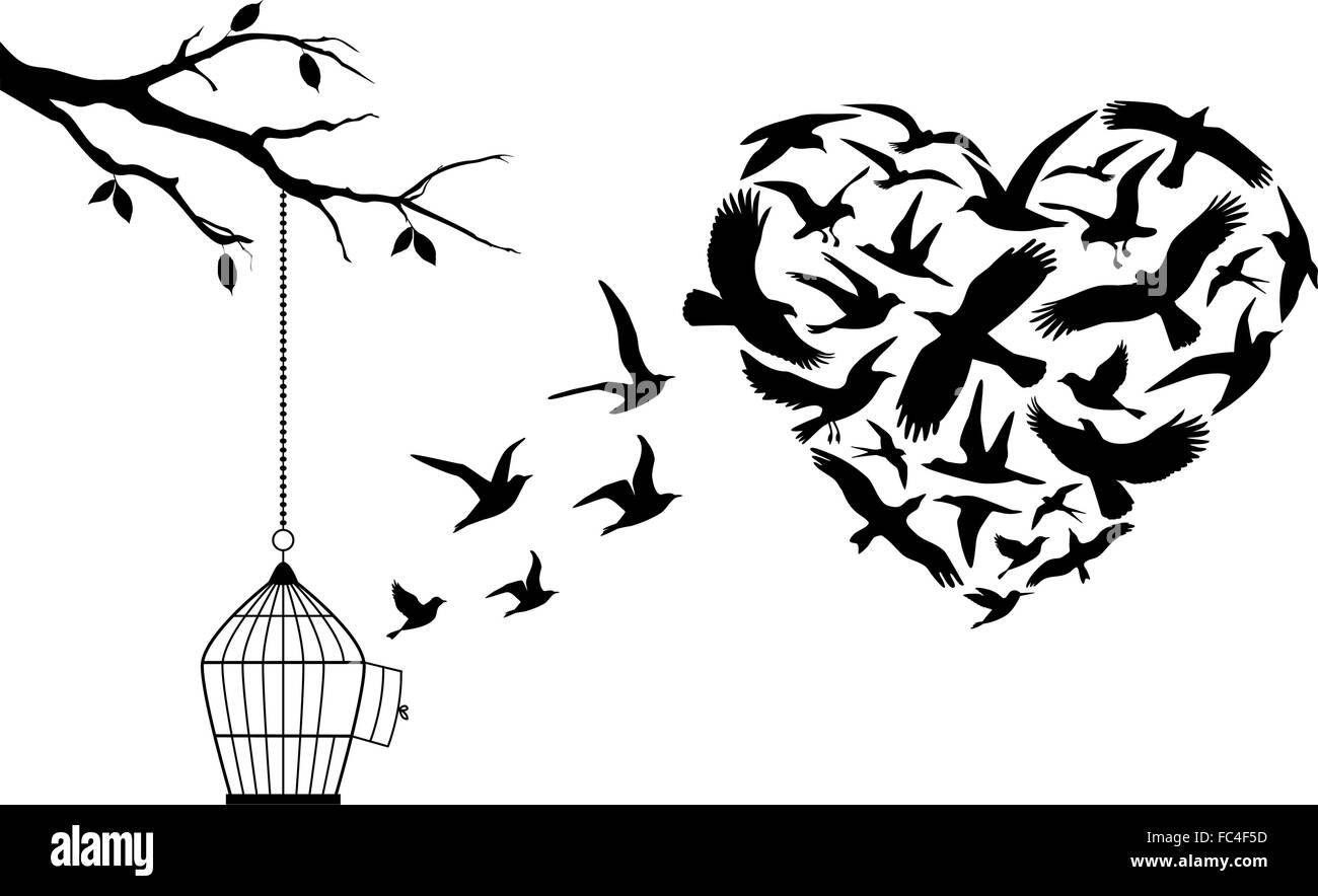 Uccelli in volo a forma di cuore con open birdcage, illustrazione vettoriale Illustrazione Vettoriale