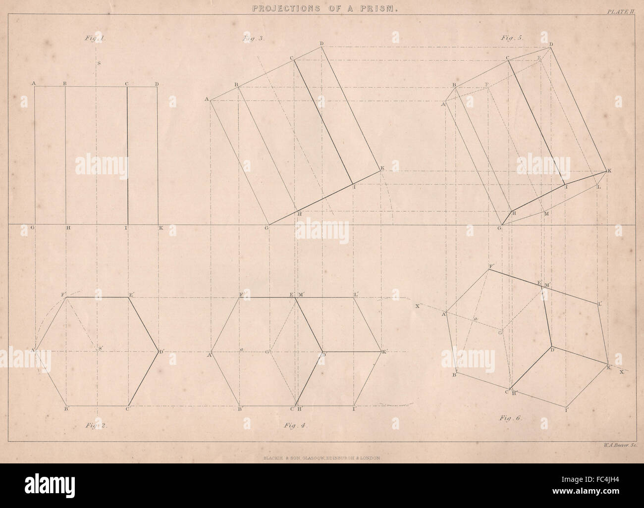 VICTORIAN Engineering Drawing. Le proiezioni di un prisma, antica stampa 1876 Foto Stock