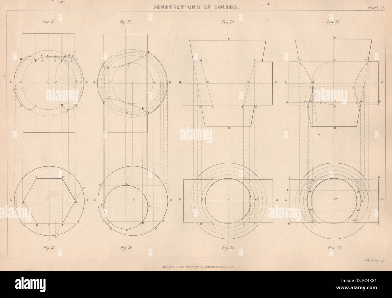 VICTORIAN Engineering Drawing. Penetrazioni di solidi: Cilindri coni sfere  1876 Foto stock - Alamy