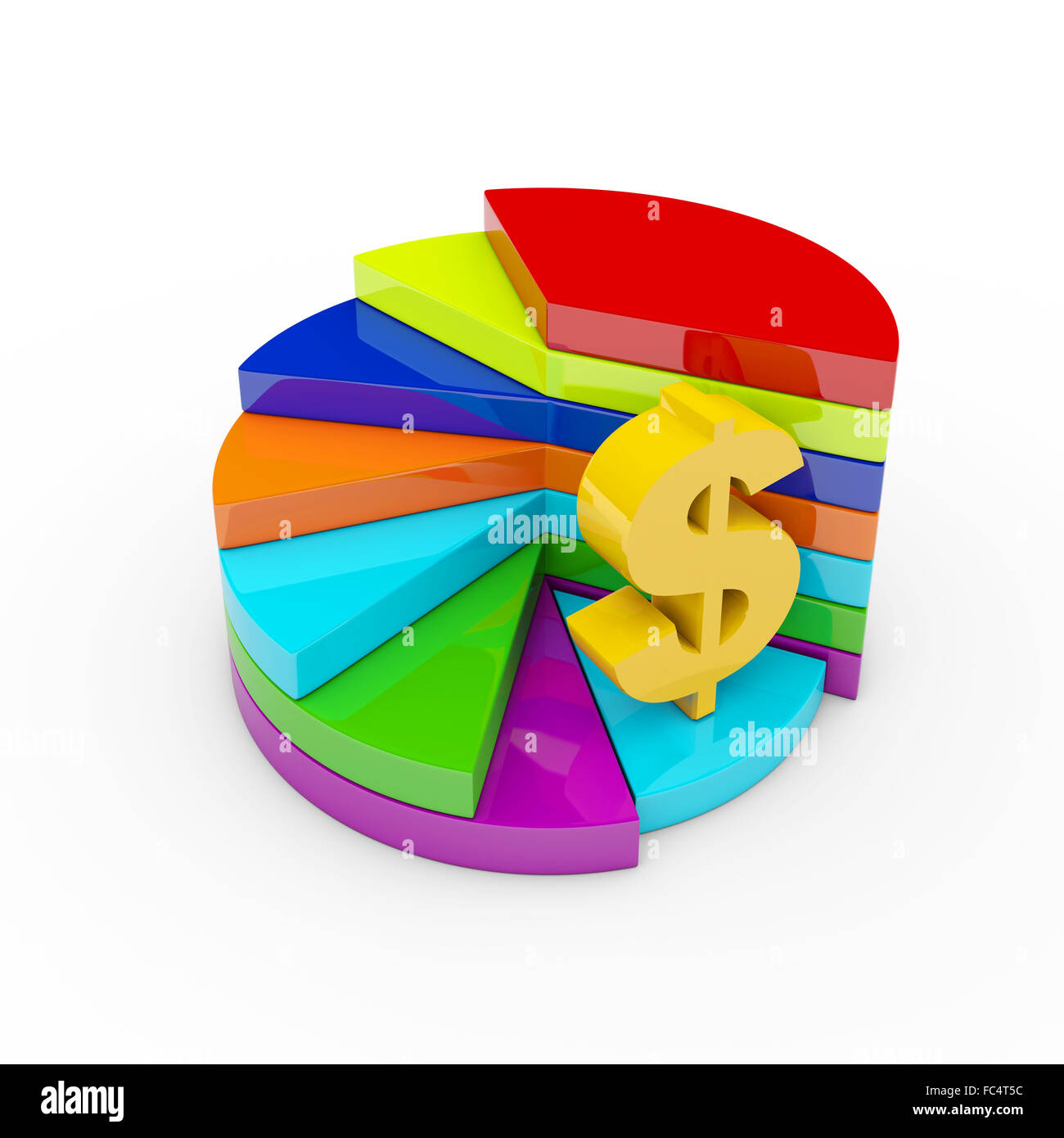 Foto di giallo simbolo del dollaro sulla colorata diagramma a torta Foto Stock