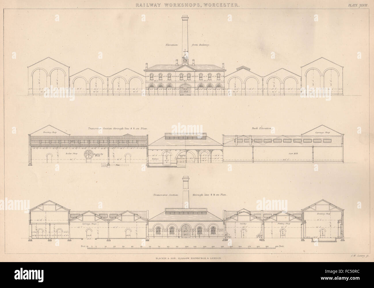 Officine ferroviarie, Worcester. Sezioni trasversali. Stampa architettonica, 1876 Foto Stock