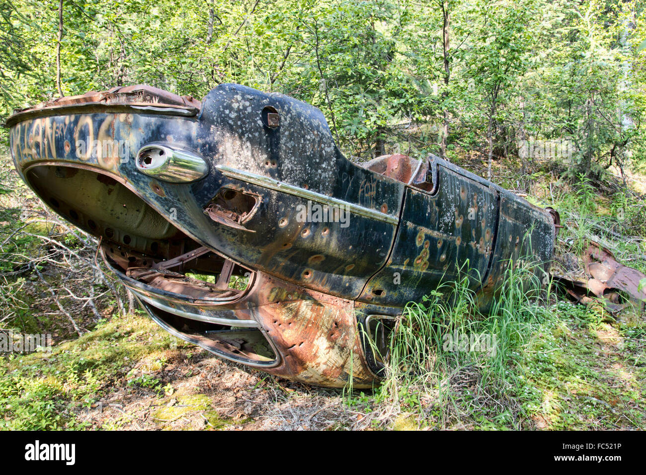 Vecchia cura disastrate capovolto nel bosco con fori di proiettile e vernice spray in estate. Foto Stock