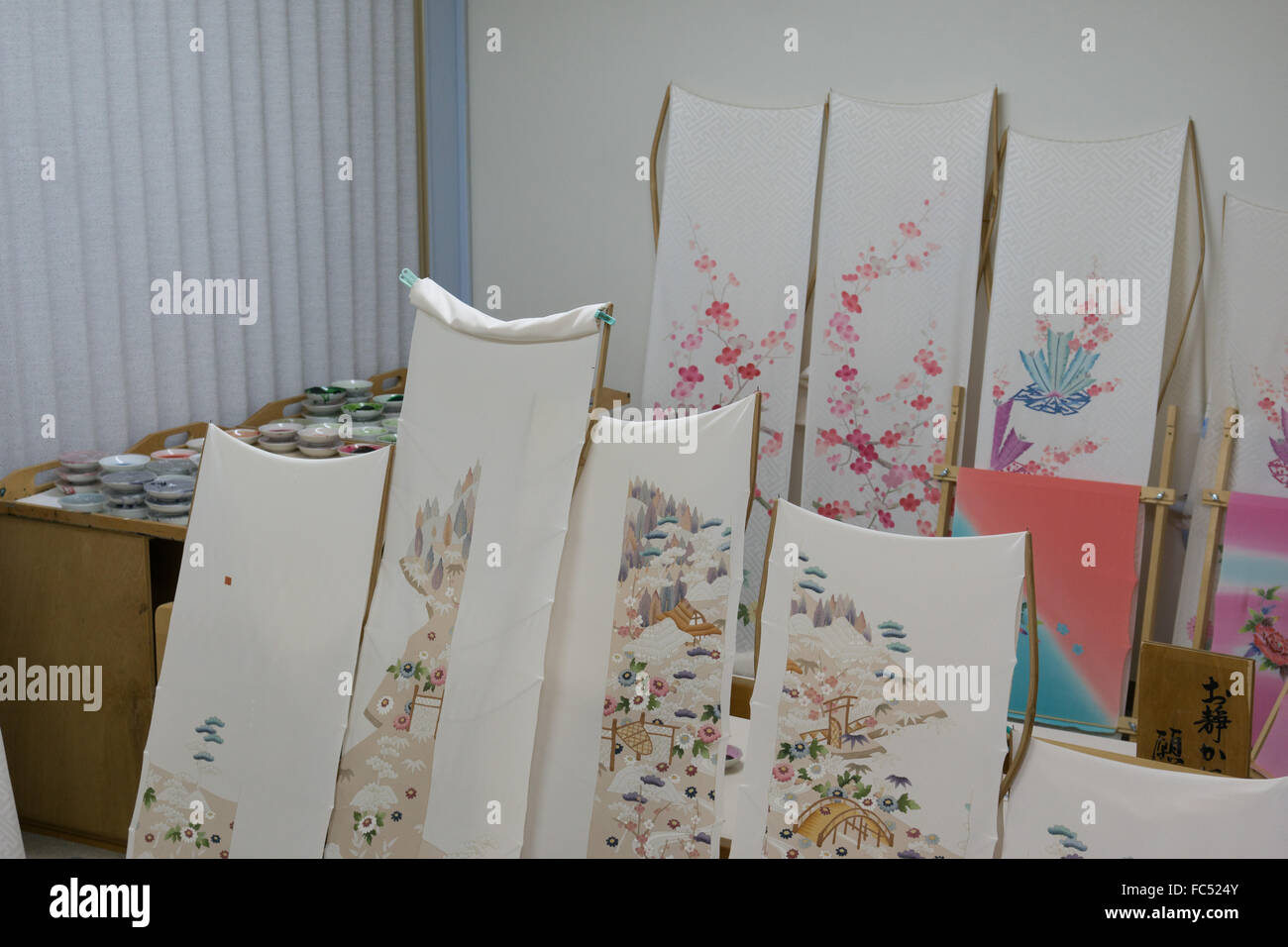 Giappone dipinte a mano in tessuto di kimono Foto Stock