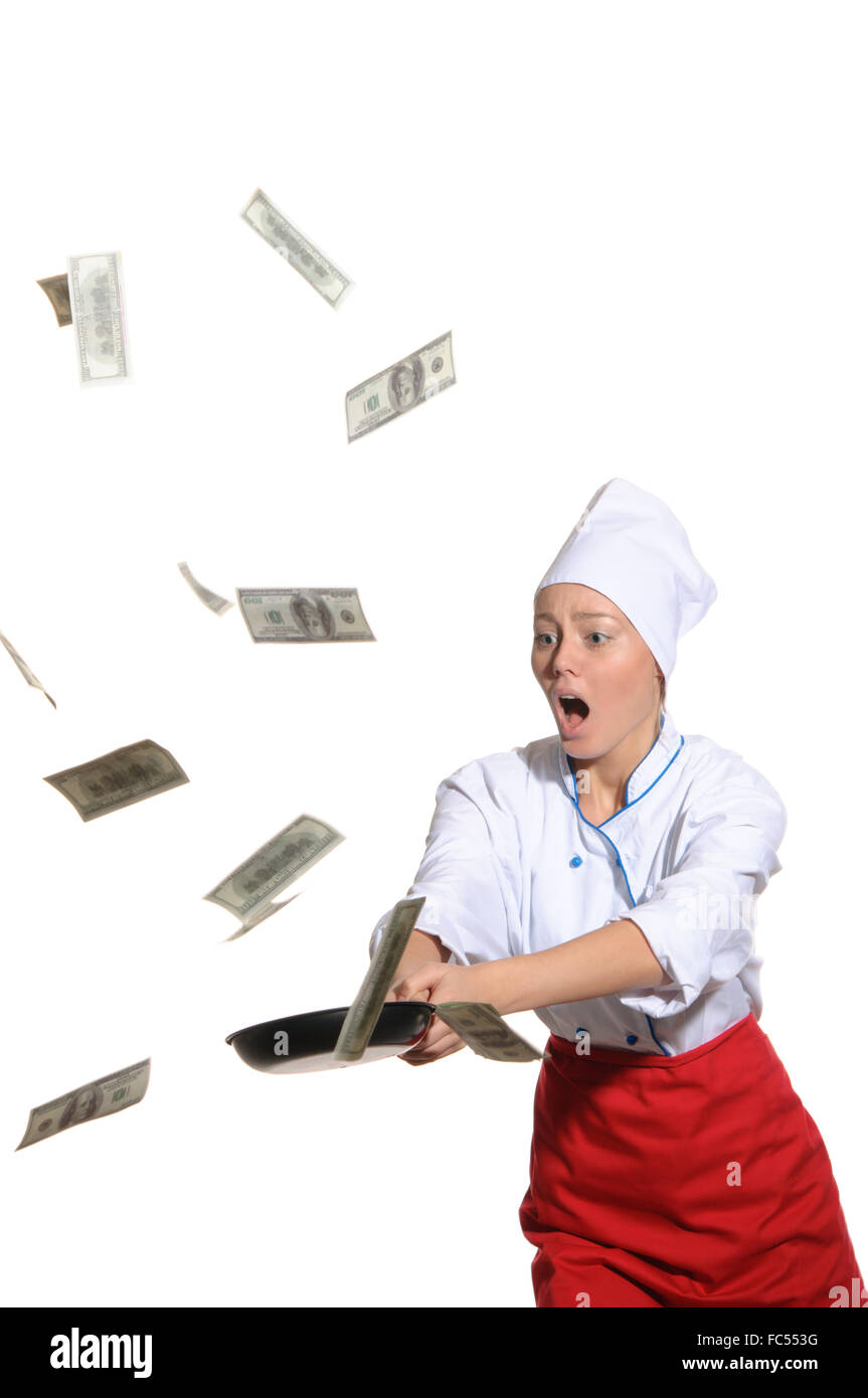 Sorpreso donna-cook padella le catture denaro Foto Stock