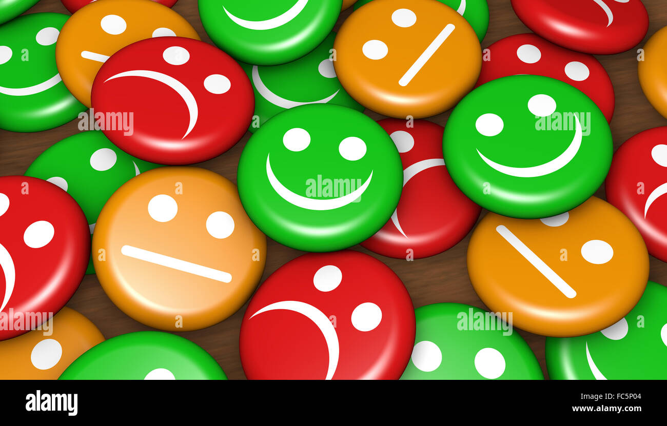 Business servizio di qualità il feedback di un cliente, il valore nominale e il sondaggio con emoticon e simbolo icona sul badge. Foto Stock