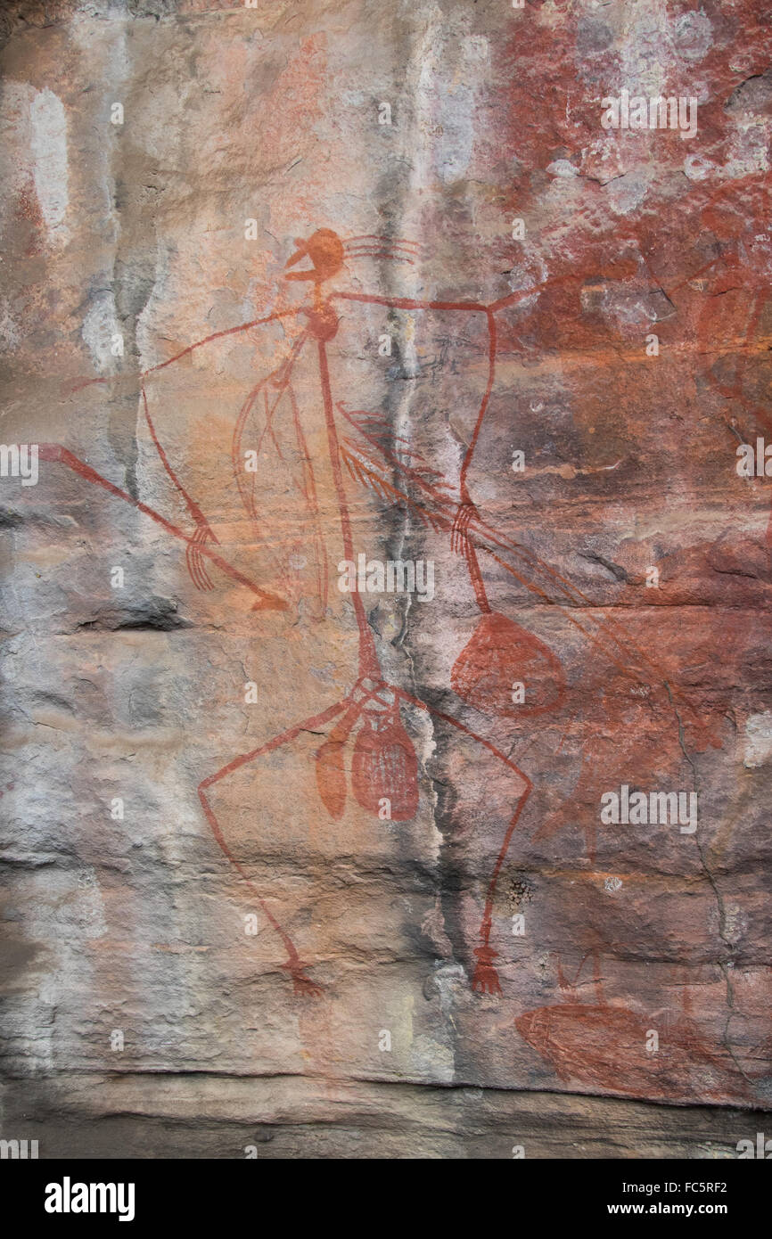 Stilizzata disegno a mano libera di un cacciatore di aborigeni su un muro, Ubirr, Territorio del Nord, l'Australia Foto Stock