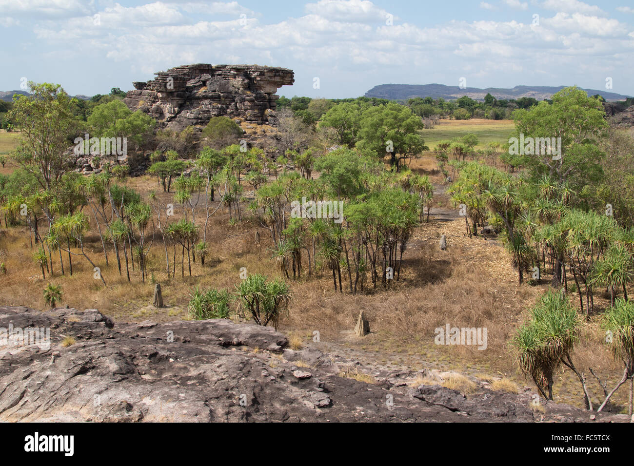 Affioramenti di roccia in un mix di Savannah e sclerophyll habitat boschivo, Kakadu National Park, Australia Foto Stock