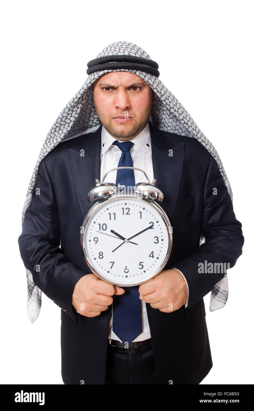 Uomo arabo con orologio isolato su bianco Foto Stock