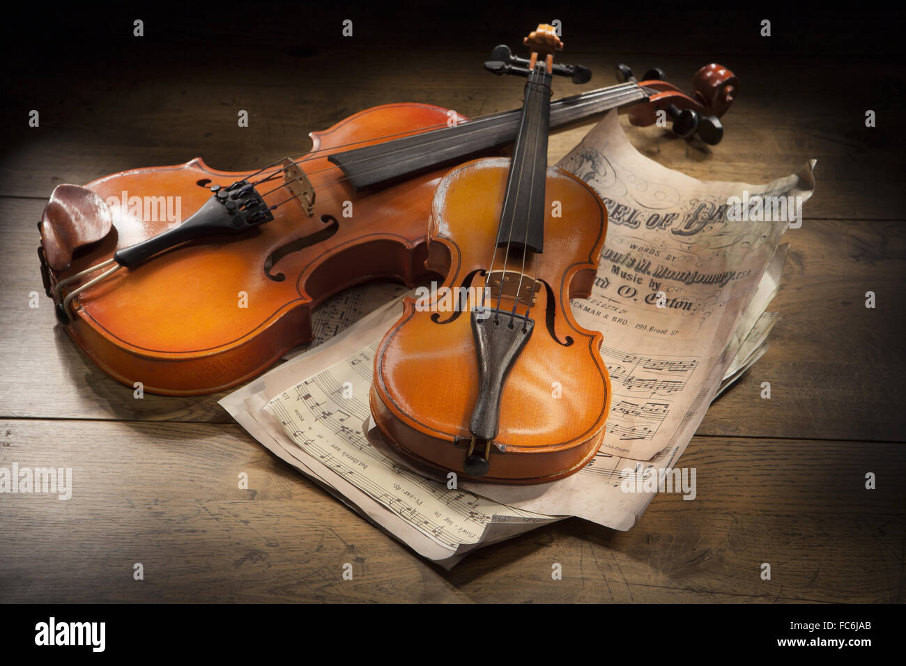 Due violini e note Foto Stock