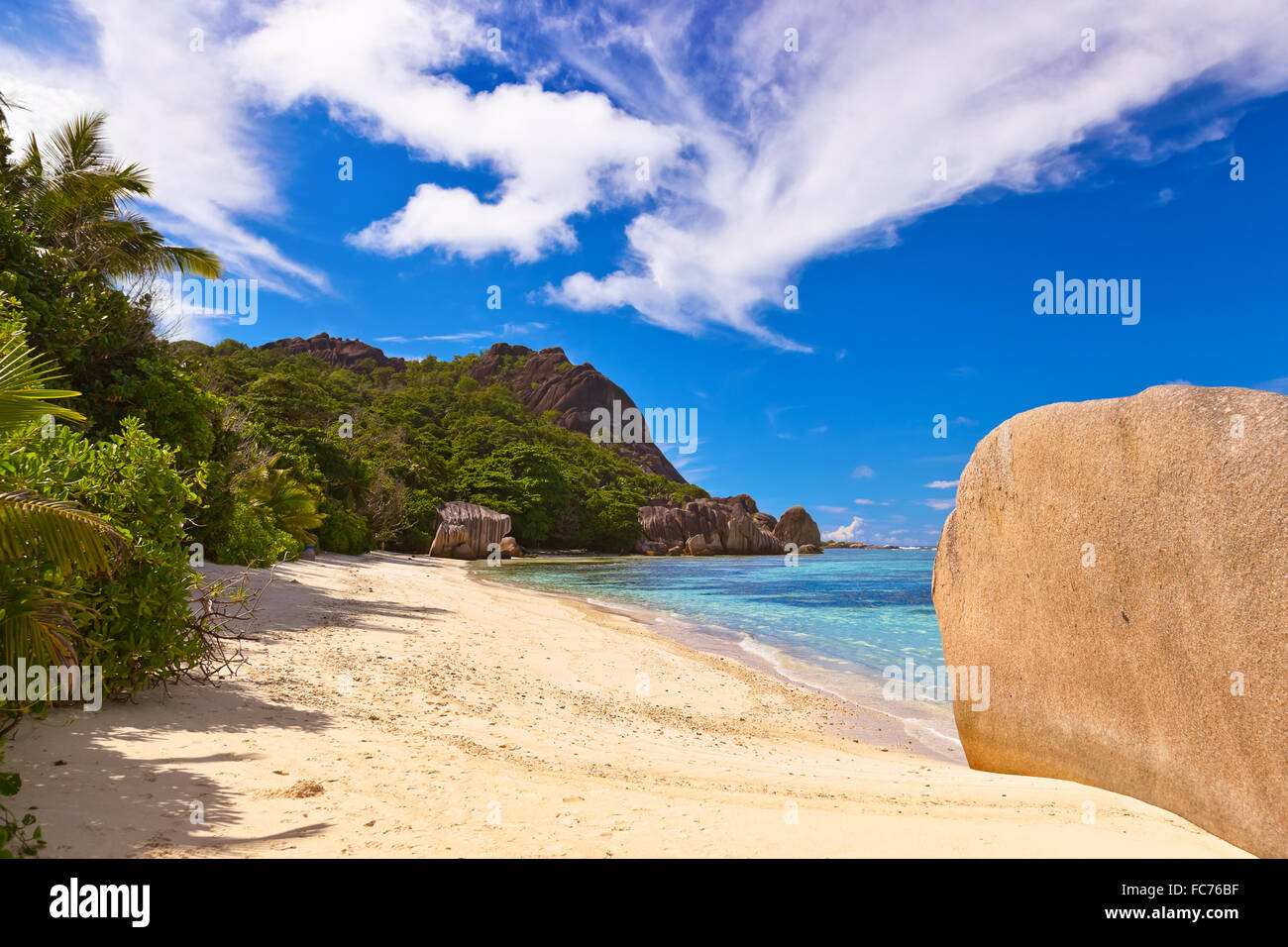 Famosa spiaggia fonte d'Argent a Seychelles Foto Stock