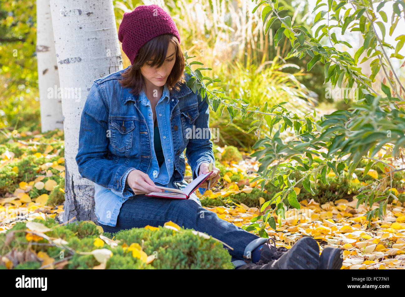 Donna ispanica lettura in giardino Foto Stock