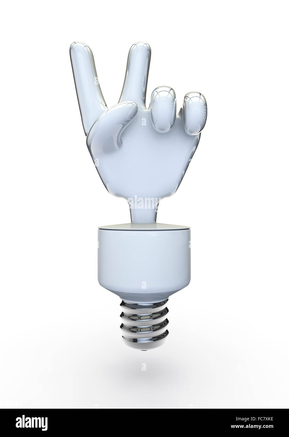 Energia la vittoria della lampadina o segno di pace / 3D render di mano a forma di bulbo di energia Foto Stock