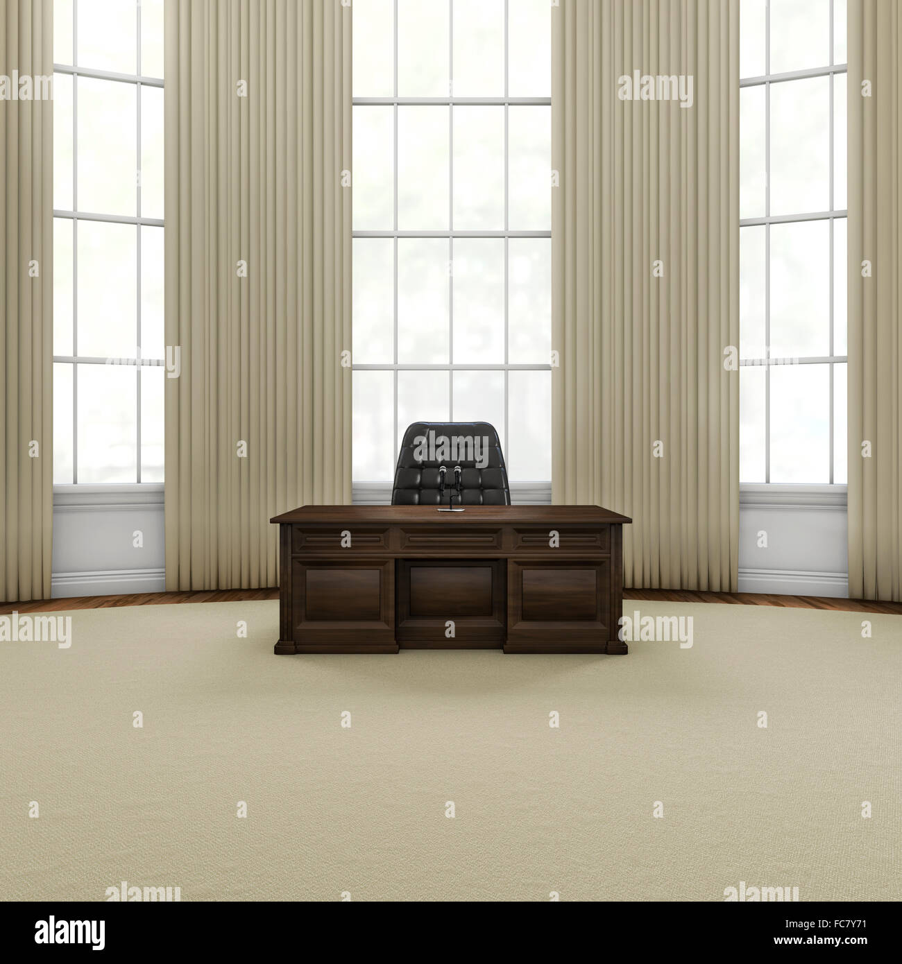 Conferenza stampa ufficio / 3D render di grand scrivania in legno con microfoni nella maestosa office Foto Stock