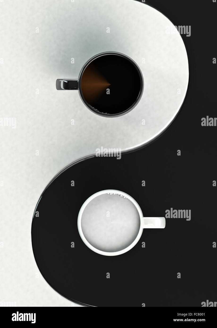Yin Yang armonia di caffè / 3D render di tazze da caffè formando yin yang simbolo Foto Stock