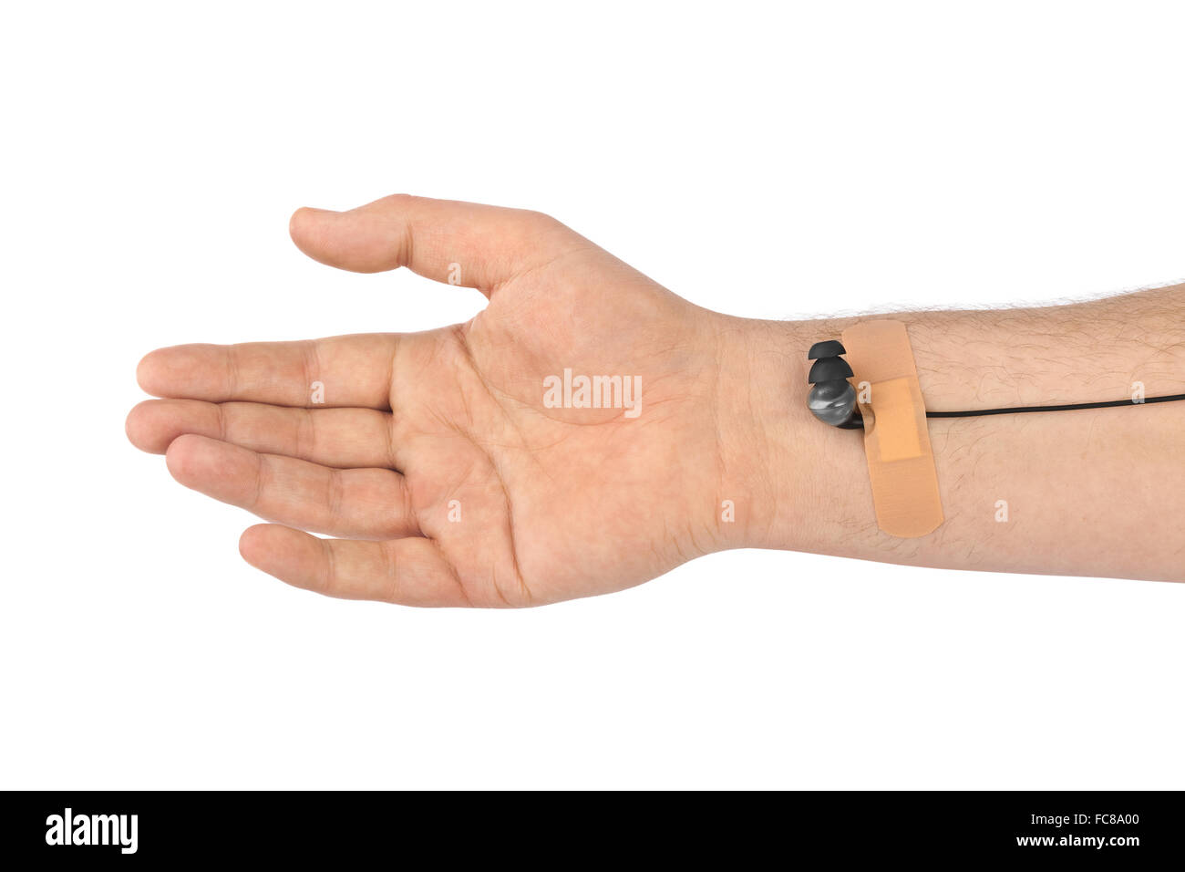 Mano con gli auricolari come medico di infusione IV Foto Stock