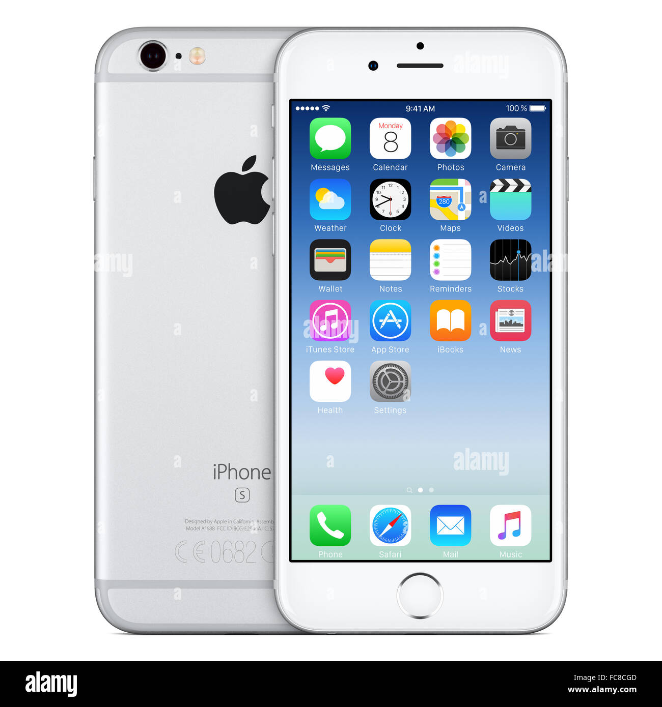 Varna, Bulgaria - 24 Ottobre 2015: vista frontale di argento Apple iPhone 6S con iOS 9 di sistema operativo mobile e lato posteriore Foto Stock