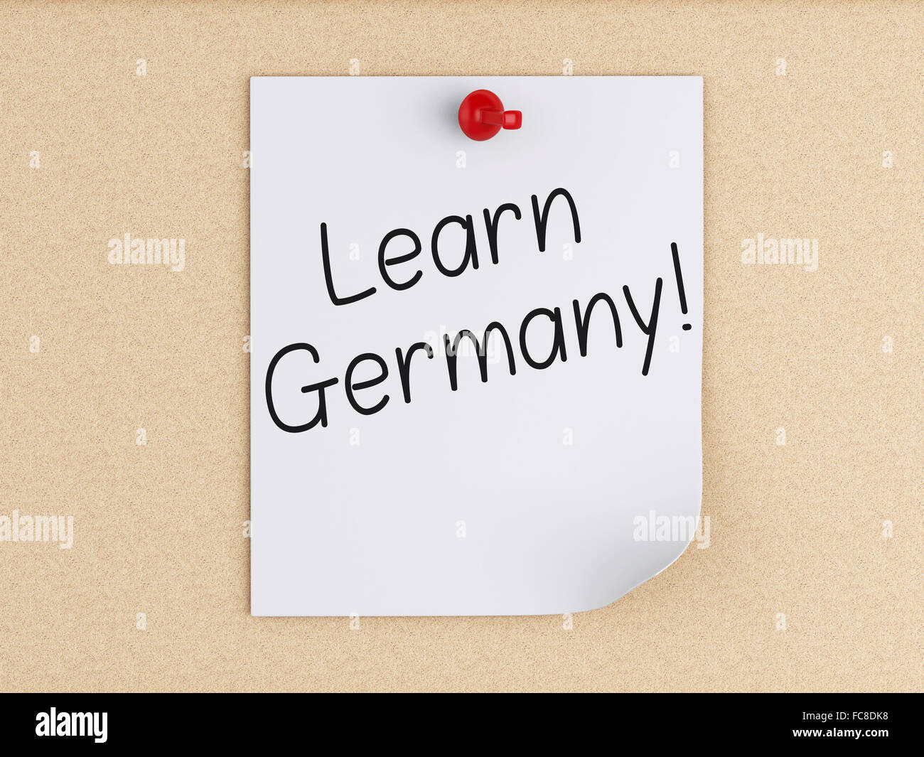 3d imparare la Germania, parola sui post-it su sughero. Foto Stock