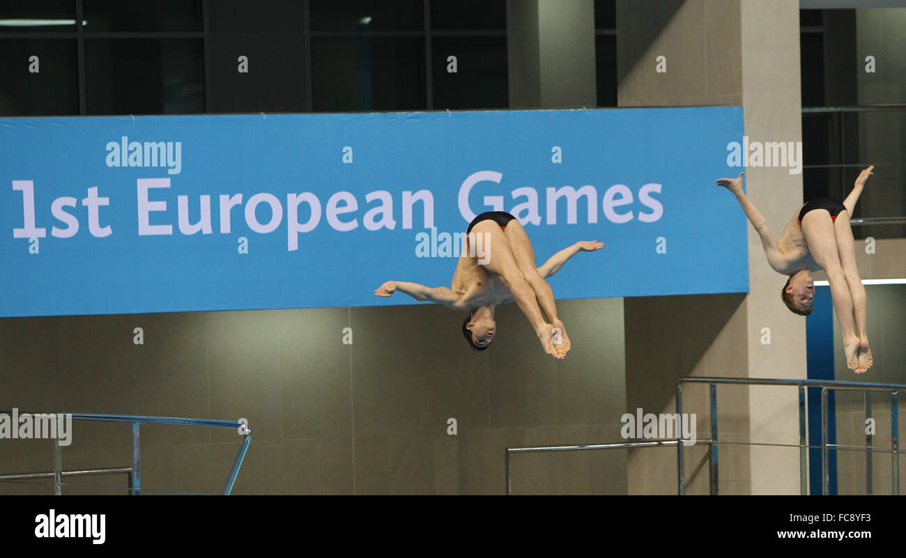 Juraj Melsa (CRO) e Hrvoje Brezovac (CRO). Finale. Uomini sincronizzato 3m Springboard. Baku Aquatics Centre. Baku2015. 1° European Games. Baku. Azerbaigian. 19/06/2015. Foto Stock