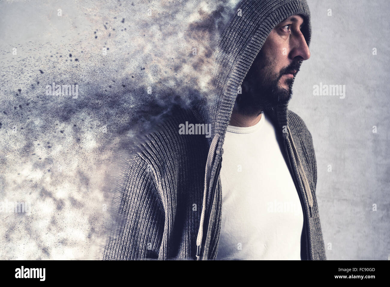 Adulto caucasain barbuto uomo sciogliendo sotto stress, immagine concettuale Foto Stock