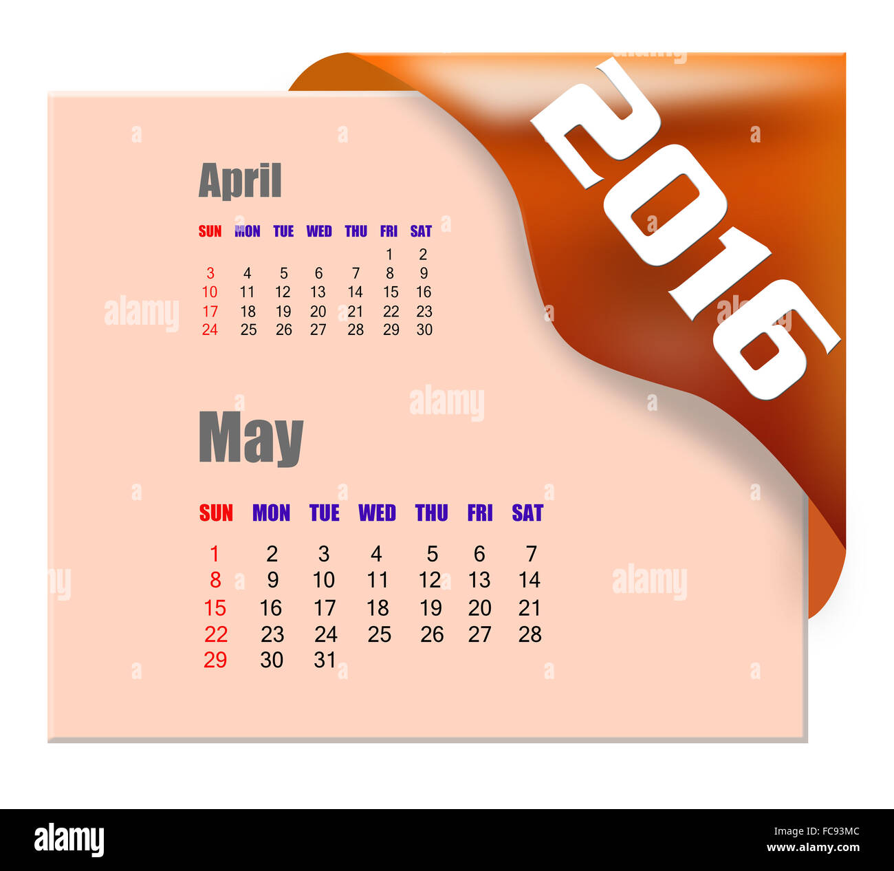 Maggio 2016 Calendario con il mese passato serie Foto Stock