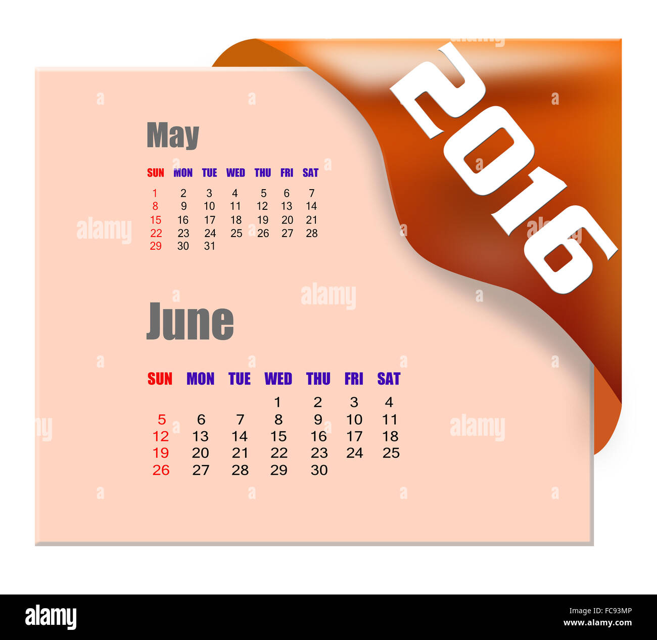 Giugno 2016 Calendario con il mese passato serie Foto Stock