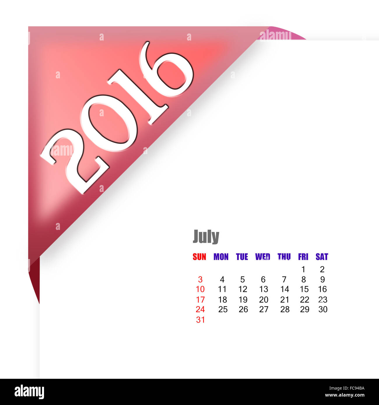 2016 Calendario di Luglio Foto Stock