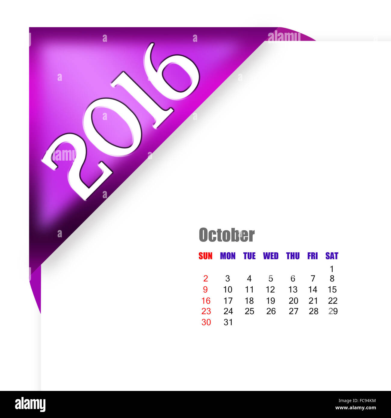 2016 Ottobre calendario Foto Stock