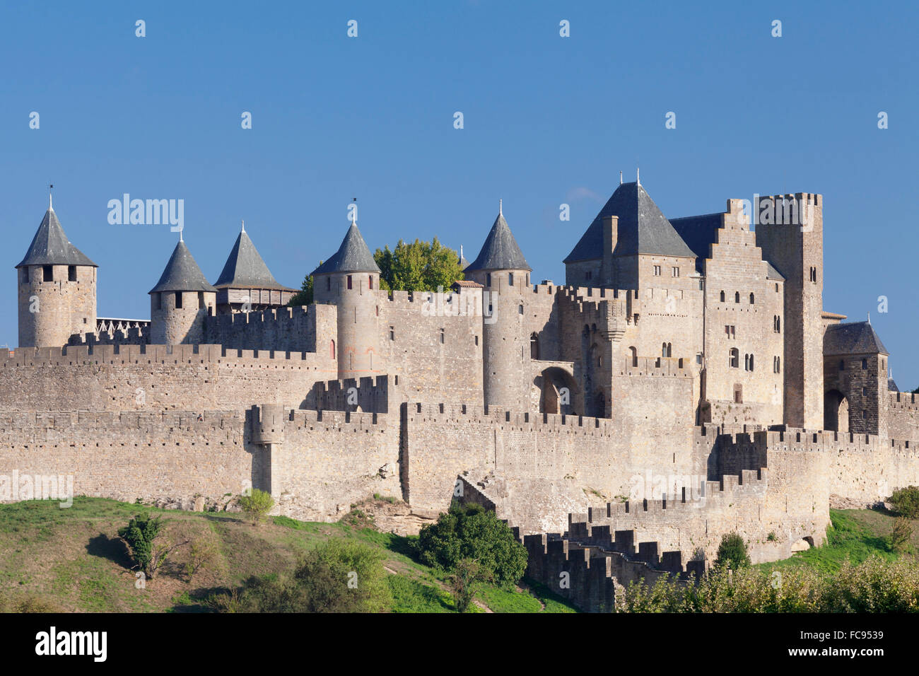 La cite, fortezza medioevale città, Carcassonne, Sito Patrimonio Mondiale dell'UNESCO, Languedoc-Roussillon, Francia, Europa Foto Stock