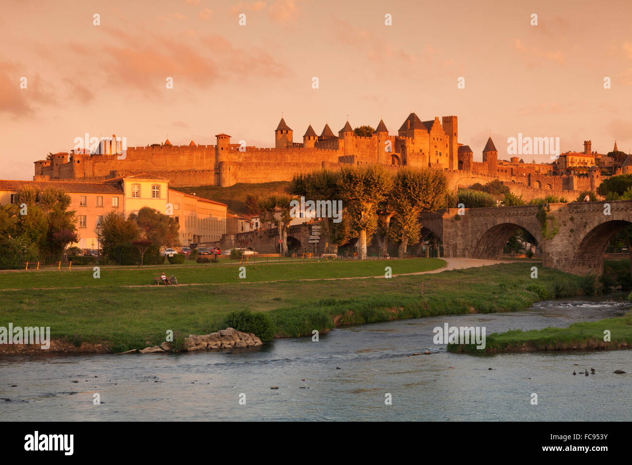 La cite, fortezza medioevale città, ponte sul fiume Aude, Carcassonne, Sito Patrimonio Mondiale dell'UNESCO, Languedoc-Roussillon, Francia Foto Stock