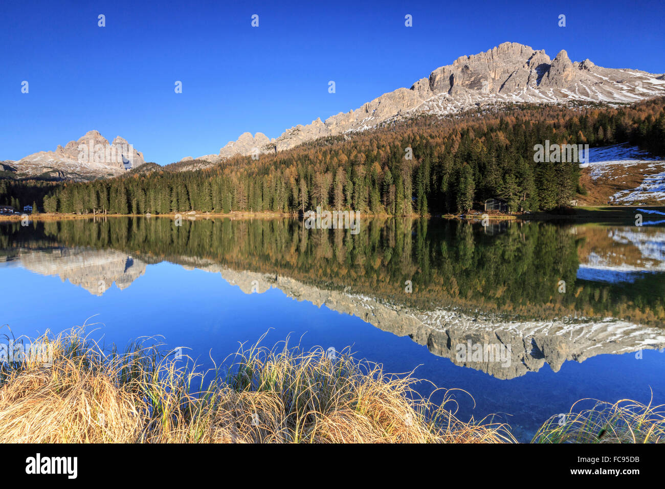 Le Tre Cime di Lavaredo e boschi si riflette nel Lago di Misurina, Auronzo di Cadore, Dolomiti, Veneto. L'Italia. Europa Foto Stock