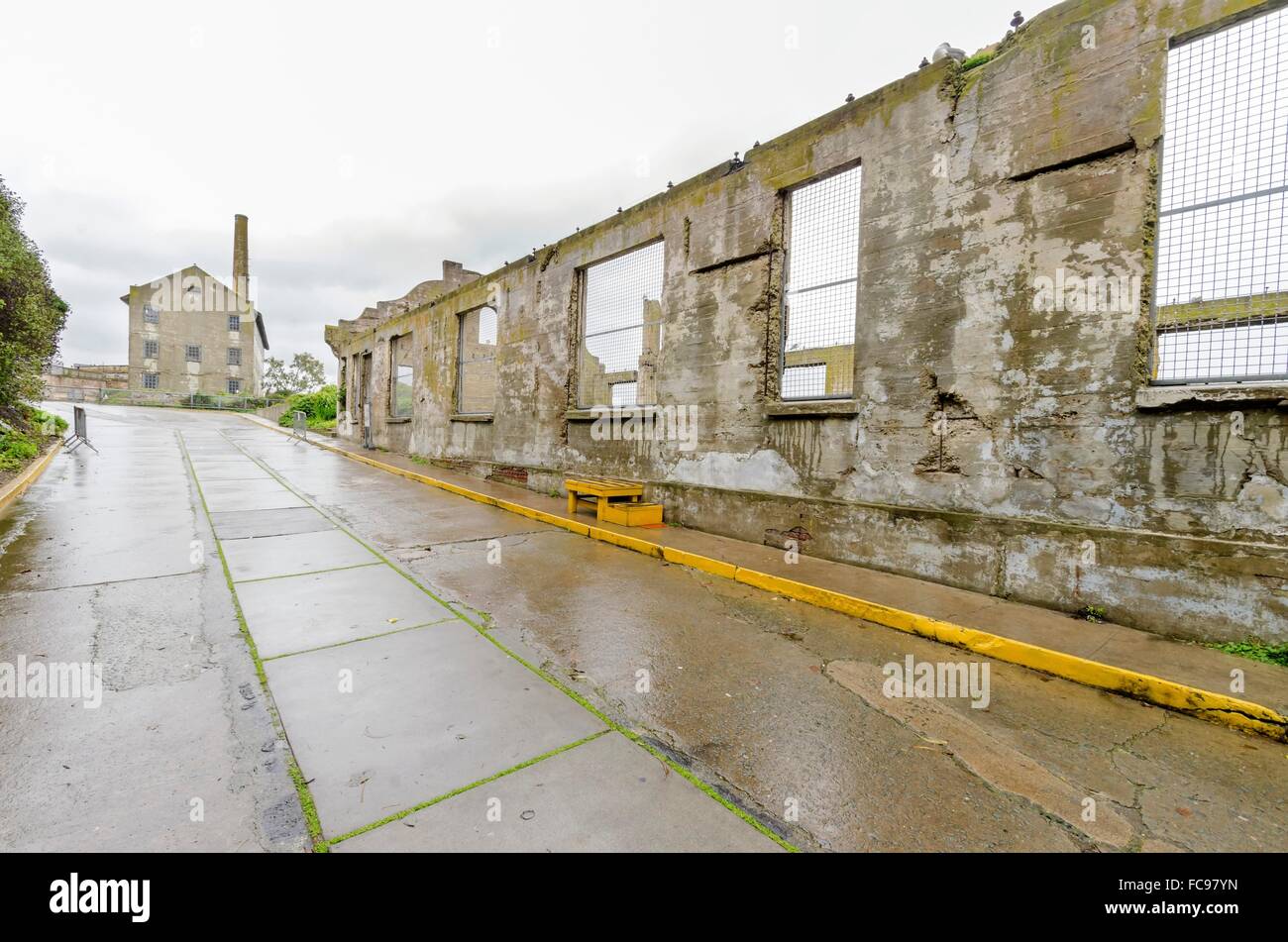 La Sala sociale e casa di potere sull isola di Alcatraz prigione, ora un museo a San Francisco, California, Stati Uniti d'America. Una vista del strippe Foto Stock