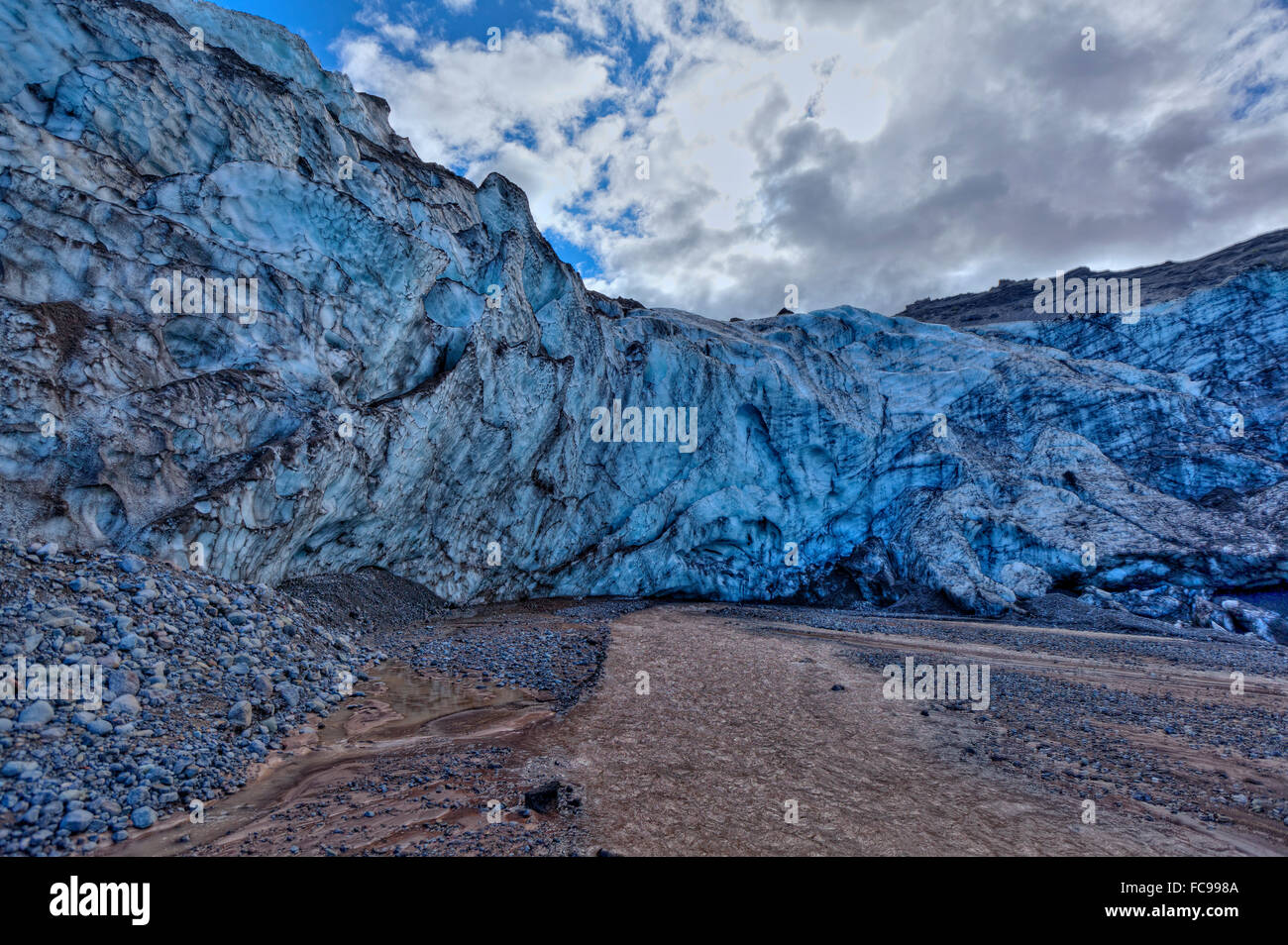 Gigjokull- uscita dal ghiacciaio Eyjafjallajokull calotta di ghiaccio, Islanda Foto Stock