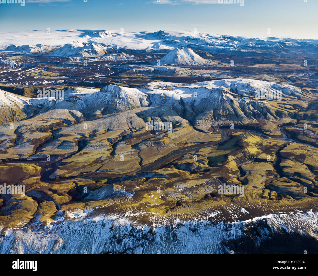 Antenna di montagne, Emstrur Area. Regione da Katla- subglacial vulcano sotto Myrdalsjokull calotta di ghiaccio, Islanda Foto Stock