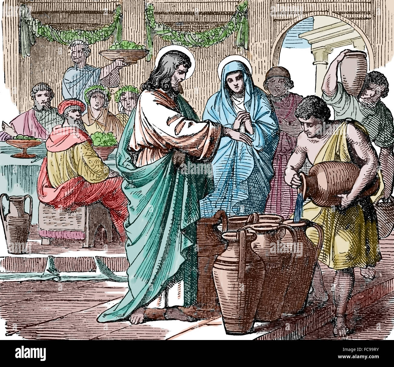 Il Nuovo Testamento. Vangelo di Giovanni. Nozze di Cana. Gesù trasforma l'acqua in vino. Miracolo. Incisione. Colore. Foto Stock