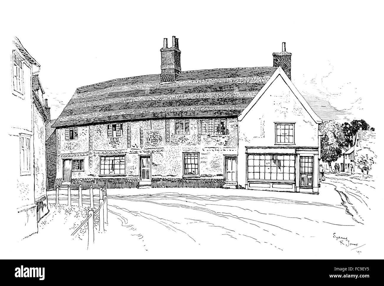 Regno Unito, Inghilterra, Suffolk, Broadway, Malteria Lane, Clare Casa di villaggio con esterno decortion pargeting nel 1911, illustrazione di linea b Foto Stock