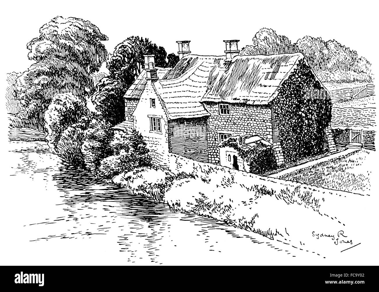 Regno Unito, Inghilterra, Derbyshire, Baslow, pietra costruito casa accanto al fiume Derwent, 1911, linea illustrazione di Sydney R Jones Foto Stock