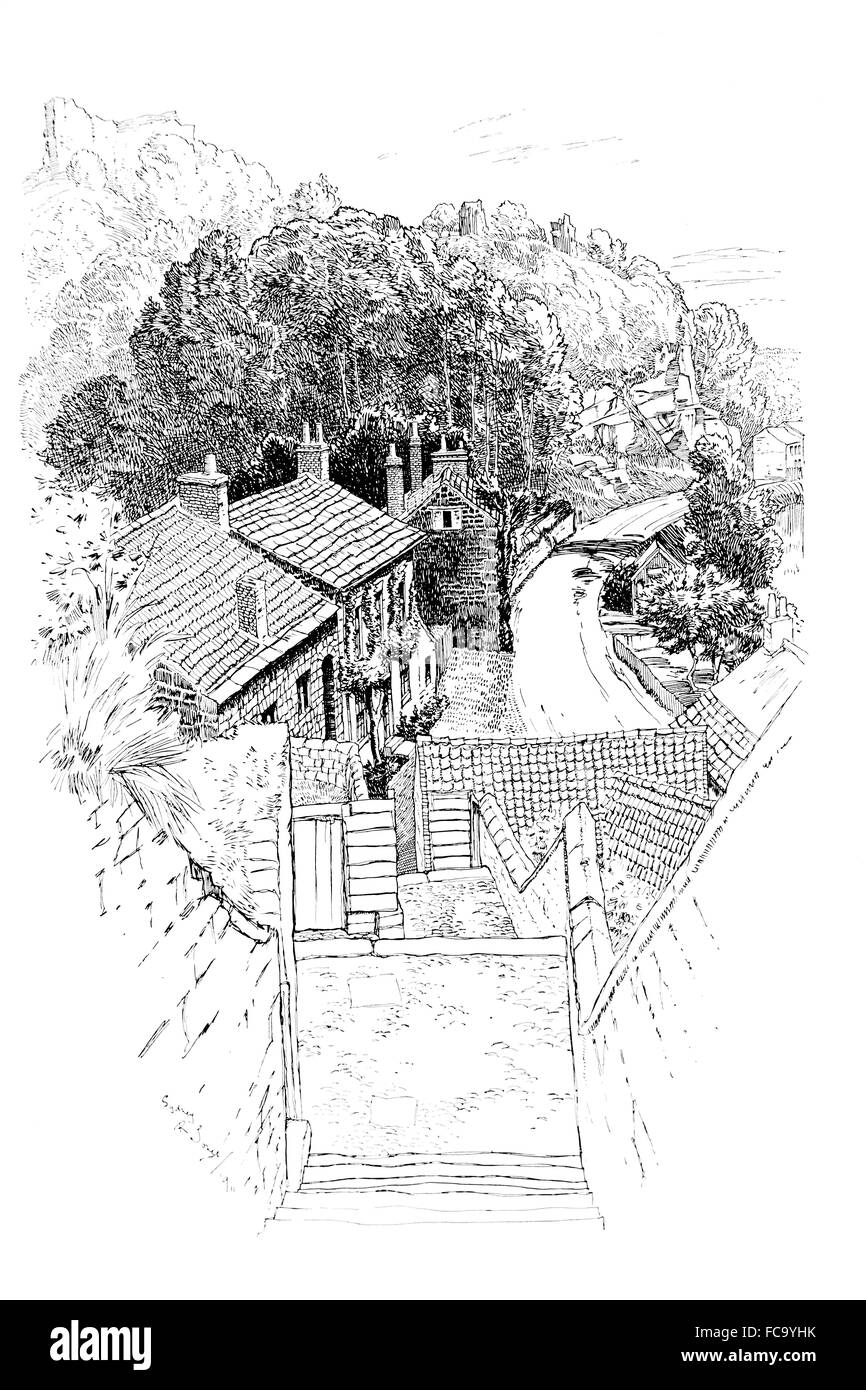 Regno Unito, Inghilterra, Yorkshire, Knaresborough, galloni di gradini che portano al Waterside, 1911, linea illustrazione di Sydney R Jones Foto Stock