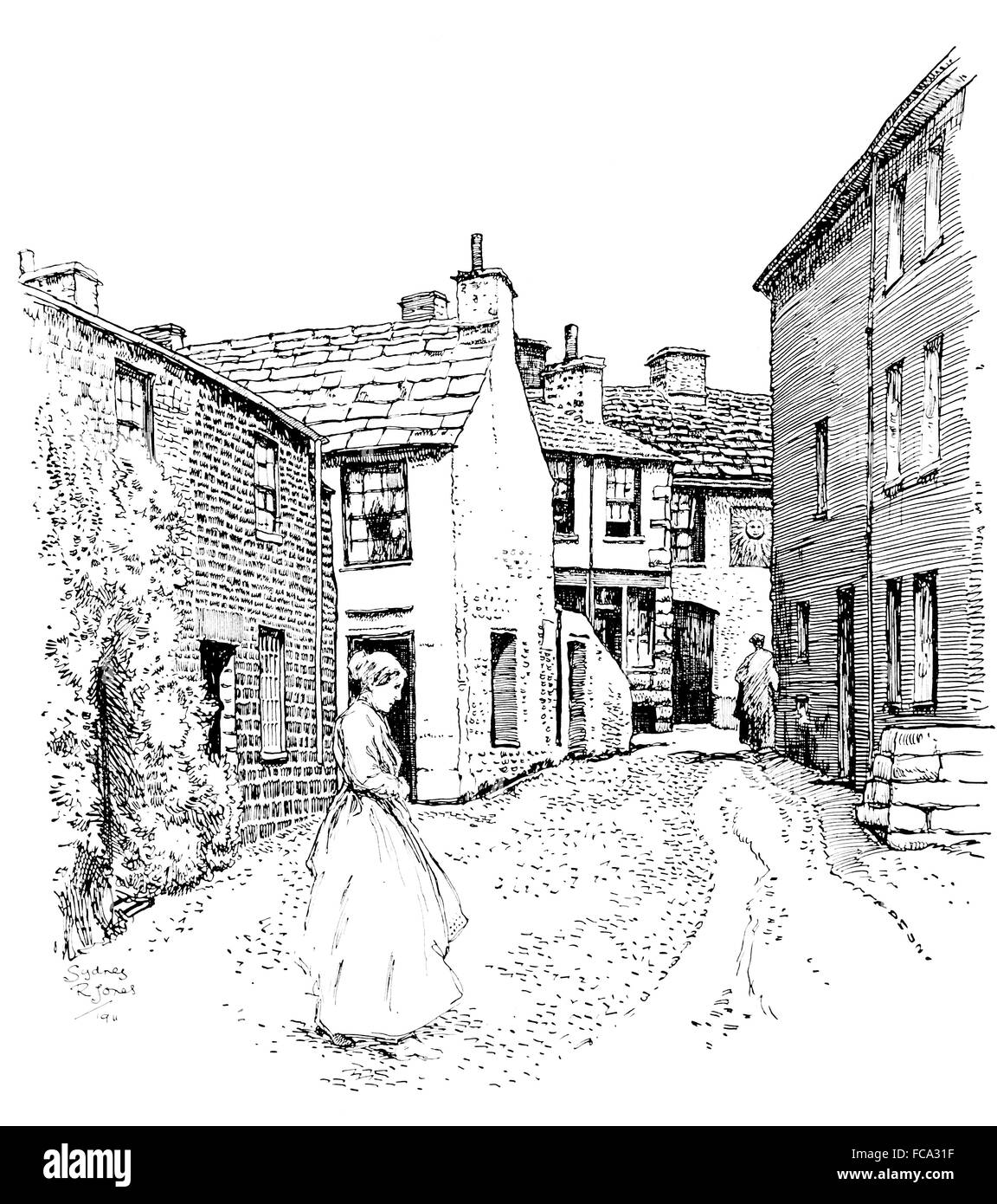 Regno Unito, Inghilterra, nello Yorkshire, ammaccature, villaggio, Main Street, Sun Inn Pub, 1911, illustrazione di linea da, Sydney R Jones, dallo studio ma Foto Stock