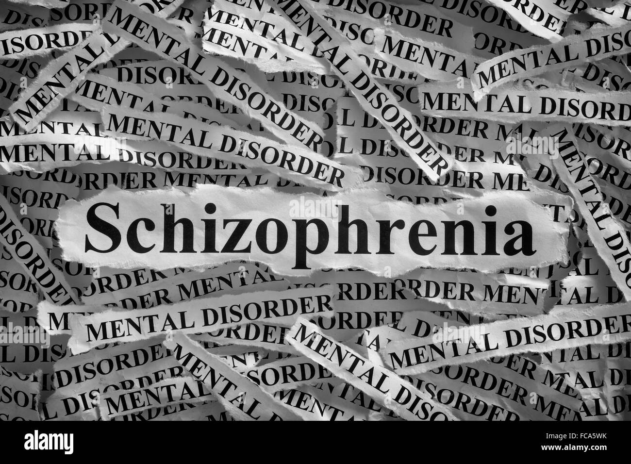 La schizofrenia. Pezzi di carta strappati con la parola della schizofrenia e del disordine mentale. Concetto di immagine. In bianco e nero. Primo piano. Foto Stock