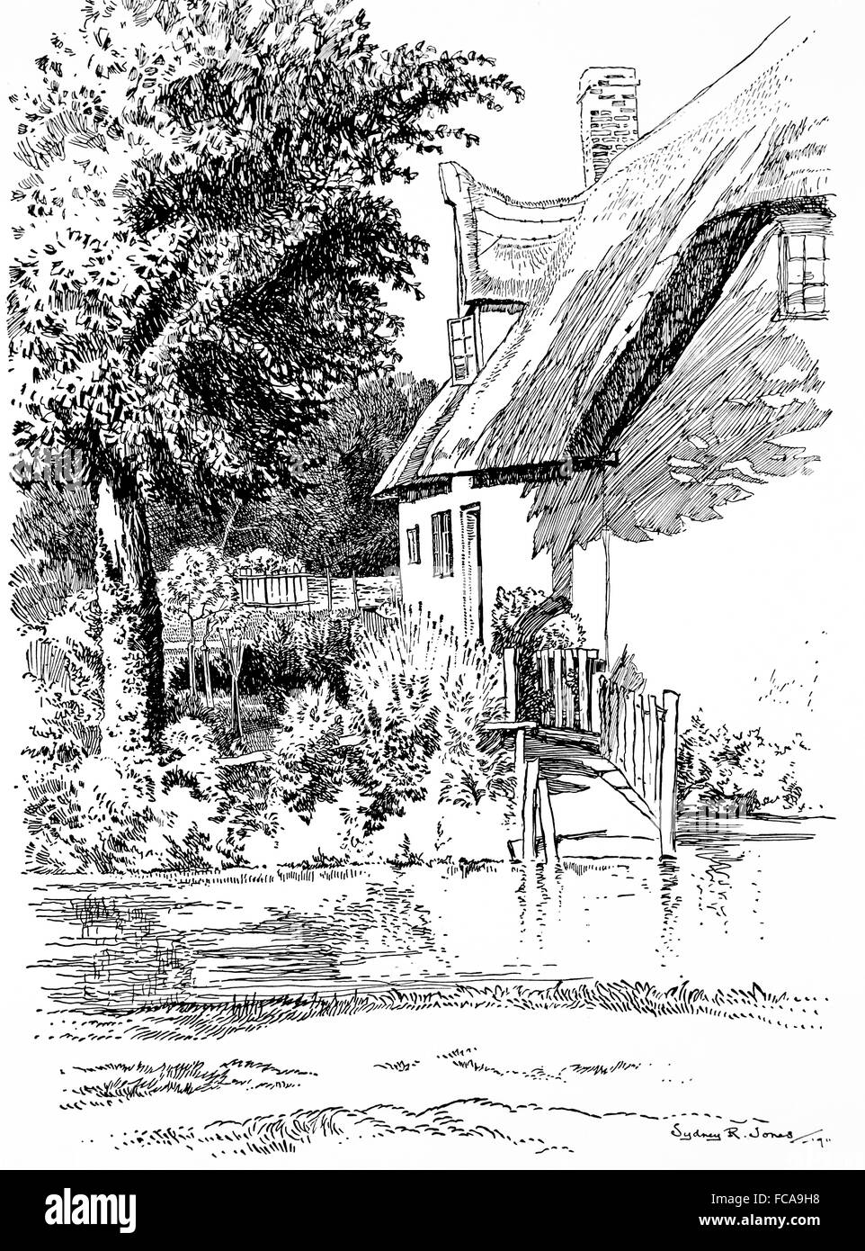 Regno Unito, Inghilterra, Cambridgeshire, Shepreth, cottage con il tetto di paglia, angolo Lane, Fiume Shep nel1911, illustrazione di linea da, Sydney R Jones Foto Stock