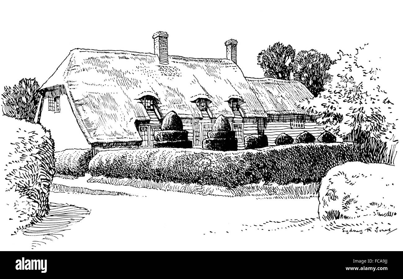 Regno Unito, Inghilterra, Hertfordshire, Therfield, Church Lane, cottage con il tetto di paglia con topiaria da in giardino, 1911 Illustrazione di linea Foto Stock
