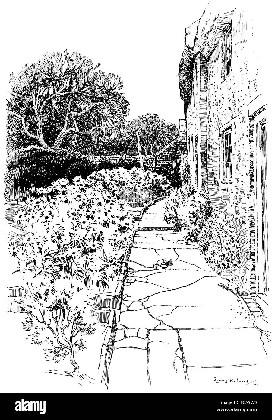 Regno Unito, Inghilterra, Somerset, Alhampton, Garden cottage con il tetto di paglia, linea 1911 Illustrazione di, Sydney R Jones, dallo studio della rivista Foto Stock