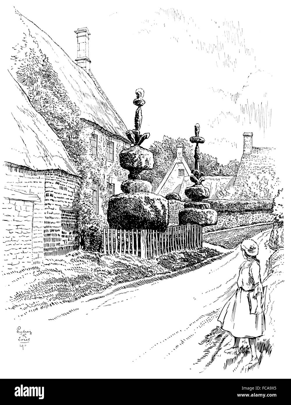 Regno Unito, Inghilterra, Northamptonshire, Boddington superiore, Warwick Road, Garden cottage con topiaria da 1911 Illustrazione di linea da, Sydney R Foto Stock