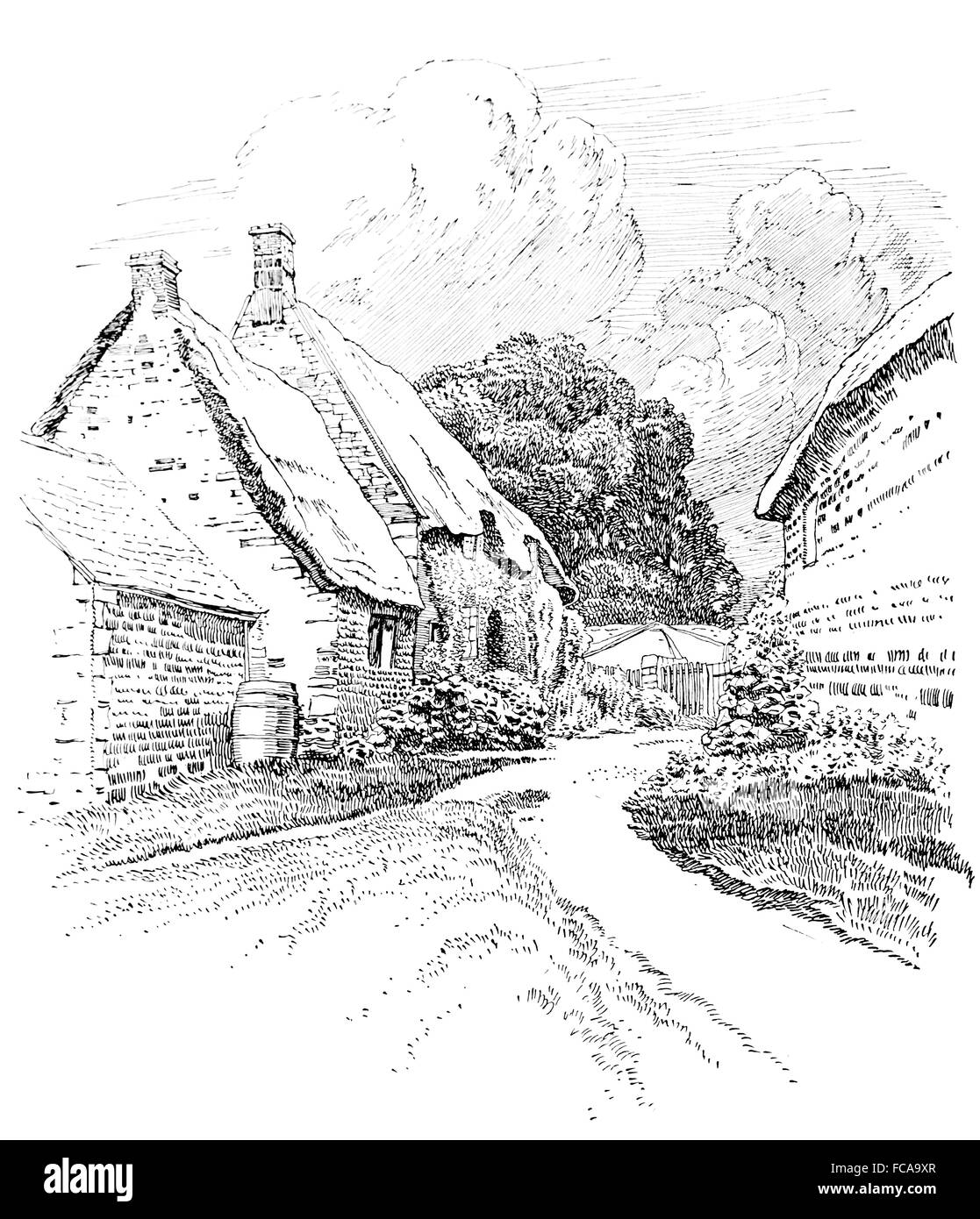 Regno Unito, Inghilterra, Northamptonshire, Wilbarston, cottage con il tetto di paglia giardino 1911 Illustrazione di linea da, Sydney R Jones Foto Stock
