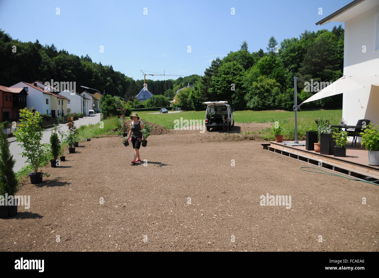 La costruzione di un giardino, distribuire le piante Foto Stock