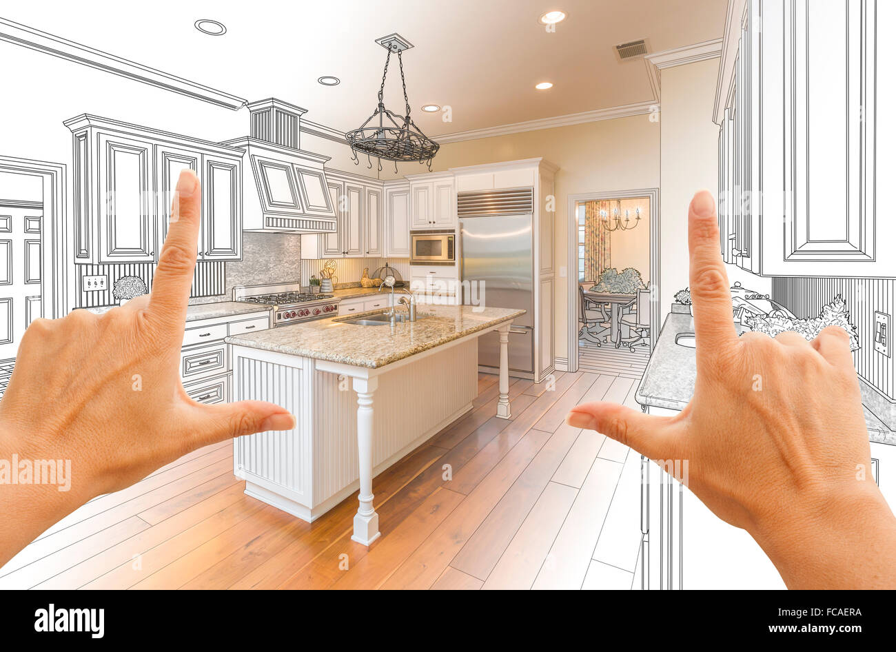 Mani femminili il framing graduate cucina personalizzata Disegno e Foto combinazione. Foto Stock